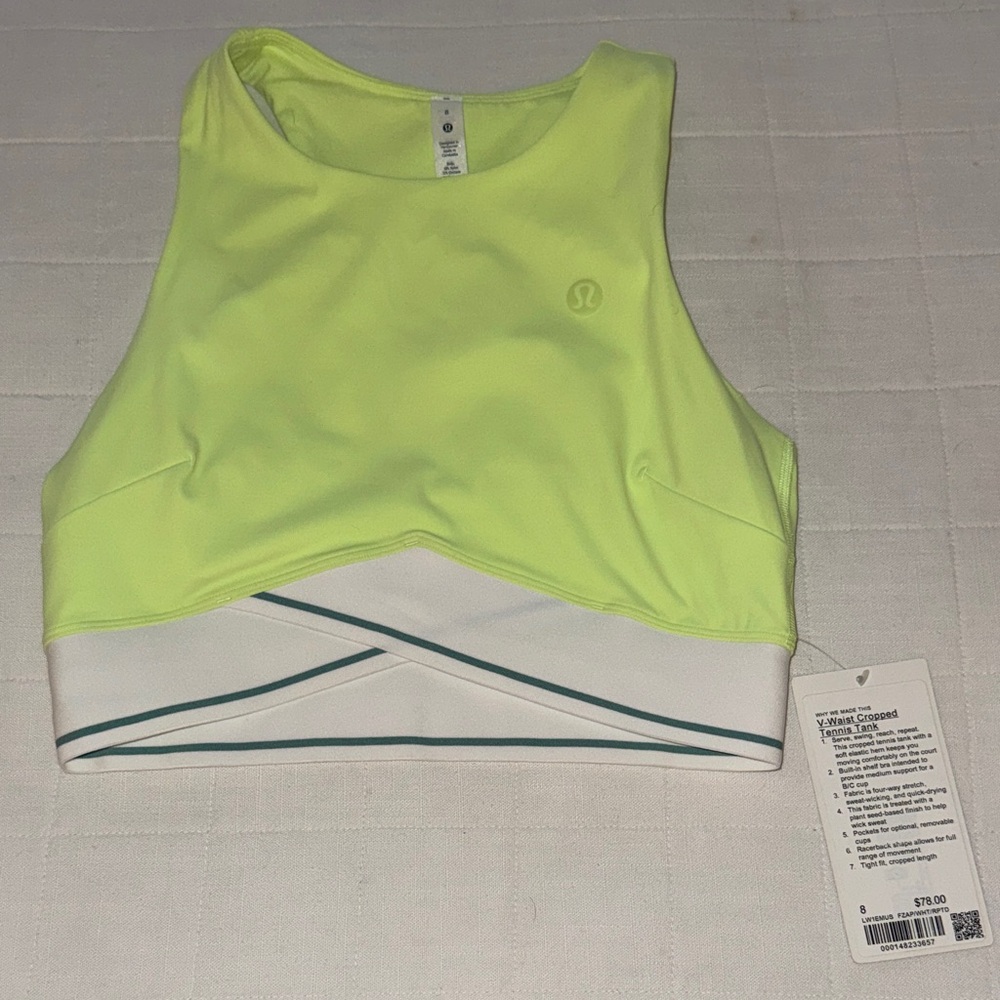 Lululemon V-Waist Cropped Tennis Tank - Faded Zap/White/Rip Tide - Size 8